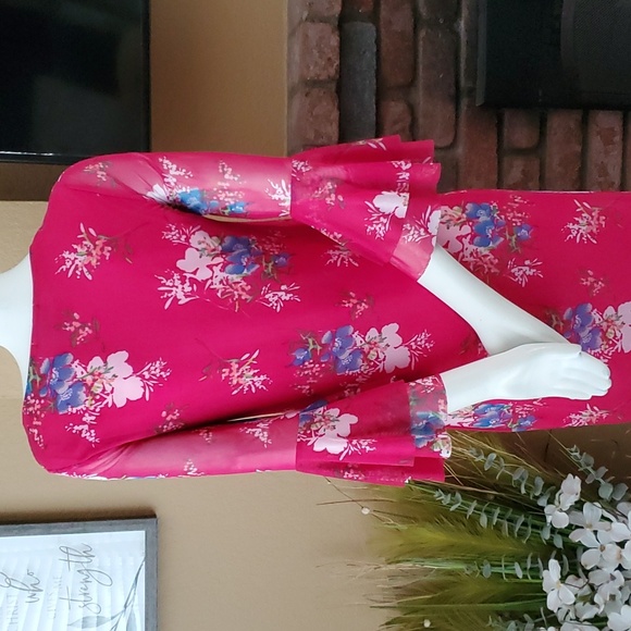 ALLISON BRITTNEY Pink Floral Mesh Overlay Bell Sleeve Dress SIZE: S - Picture 5 of 10